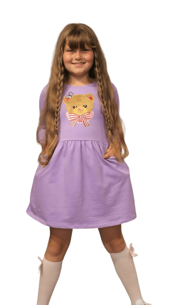 Long Sleeve Girl's Dress with Soft Fur Bear Applique - Dress with Pockets - Wear Sierra