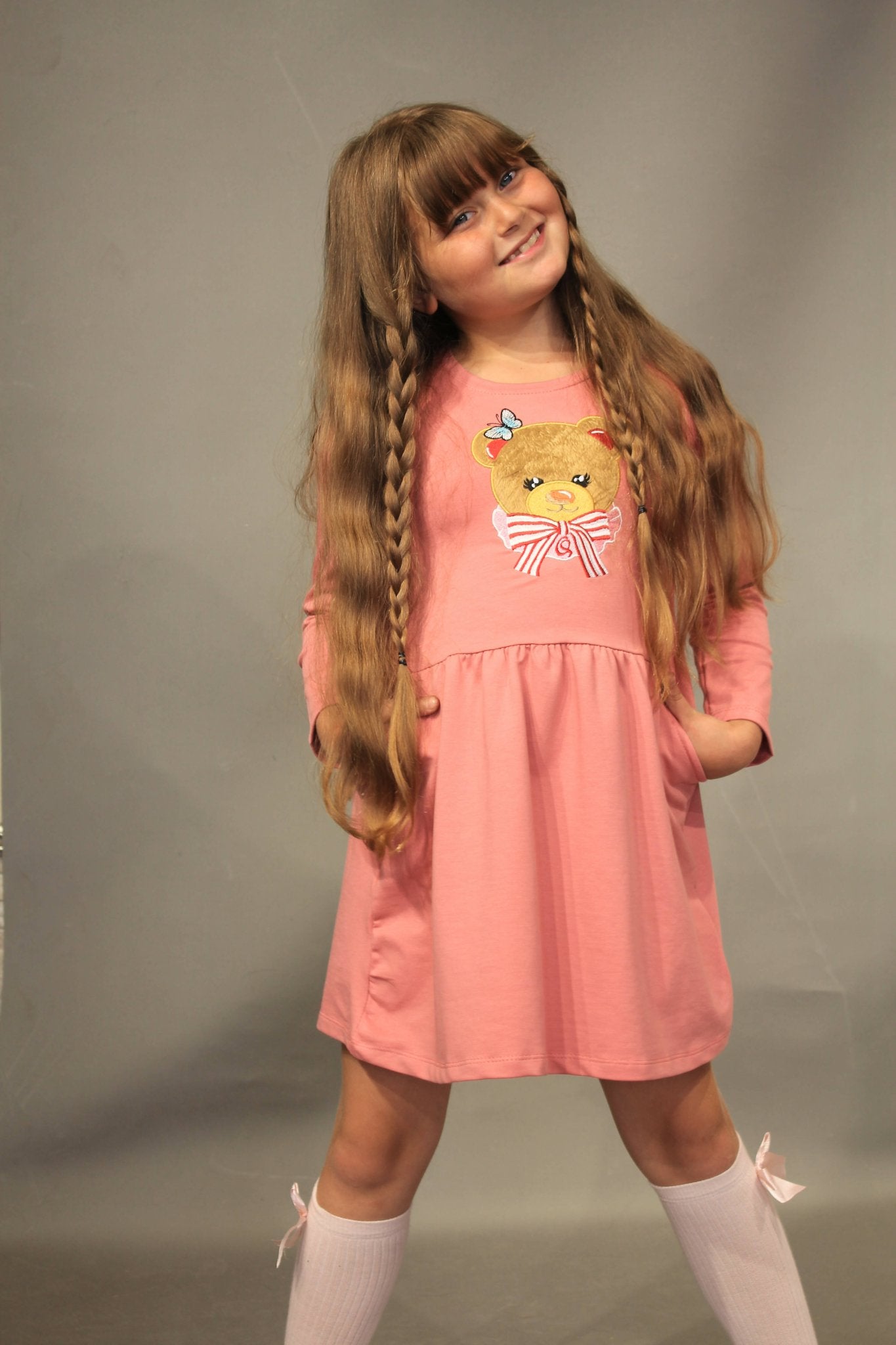 Long Sleeve Girl's Dress with Soft Fur Bear Applique - Dress with Pockets - Wear Sierra