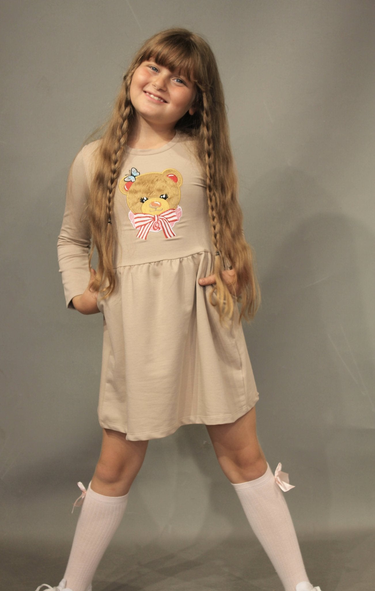 Long Sleeve Girl's Dress with Soft Fur Bear Applique - Dress with Pockets - Wear Sierra