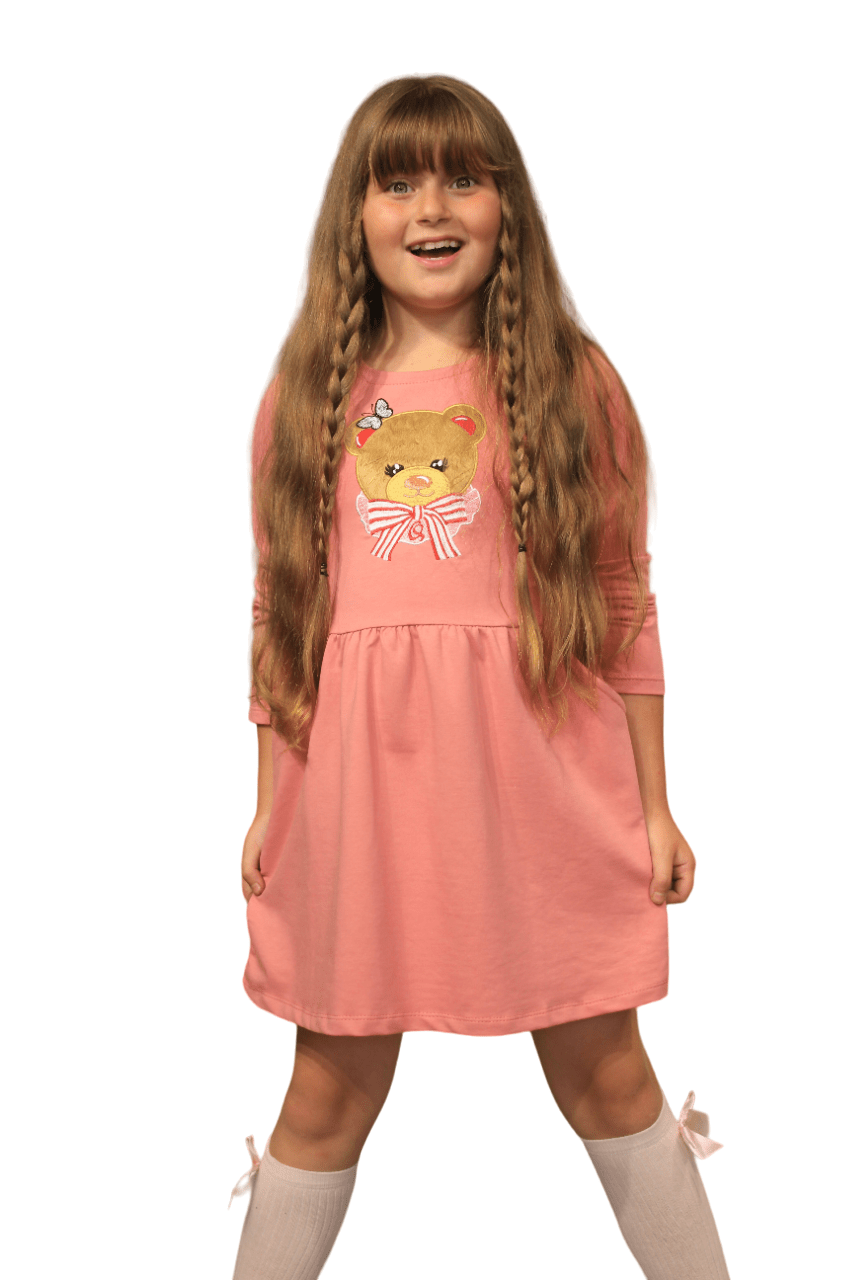 Long Sleeve Girl's Dress with Soft Fur Bear Applique - Dress with Pockets - Wear Sierra