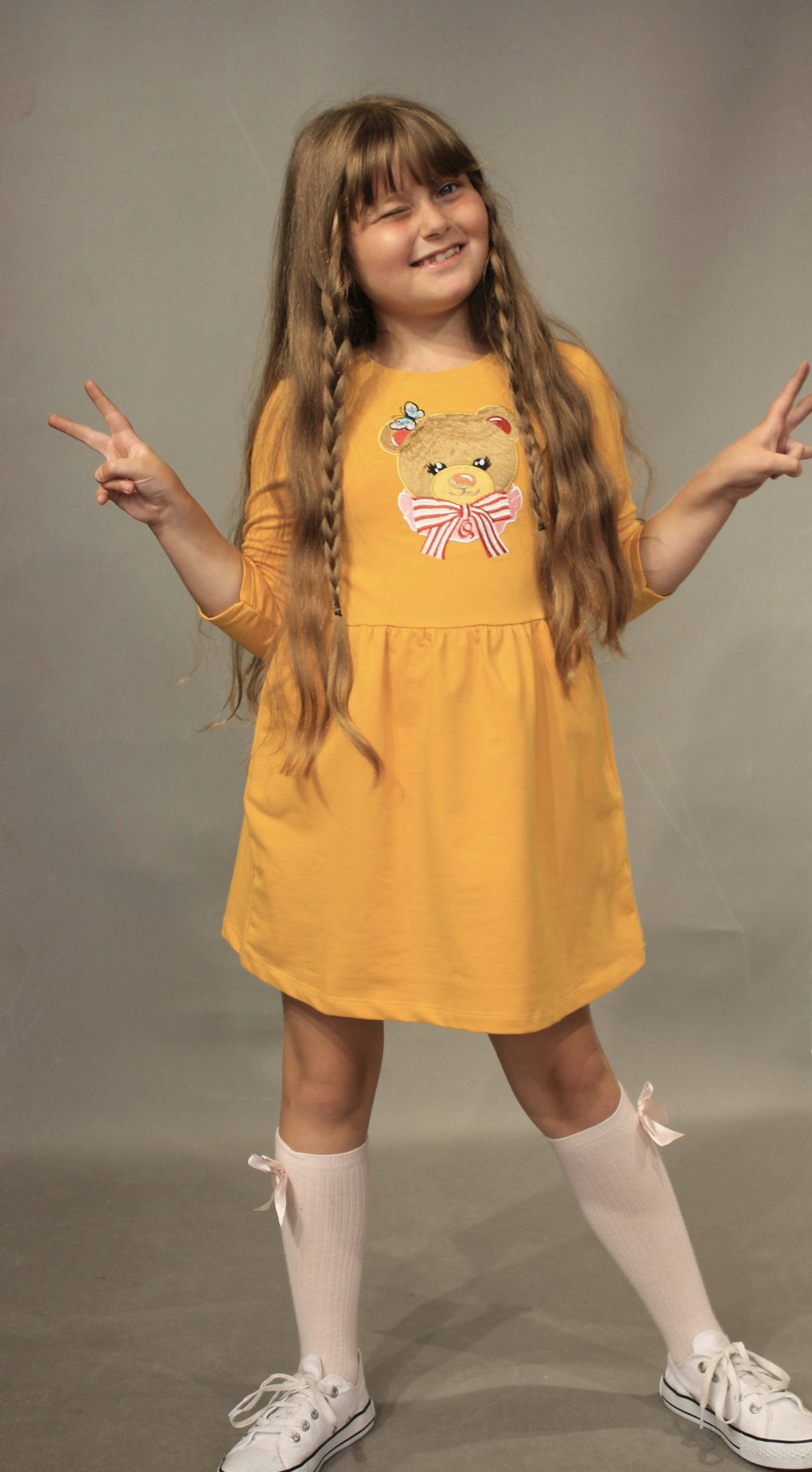Long Sleeve Girl's Dress with Soft Fur Bear Applique - Dress with Pockets - Wear Sierra