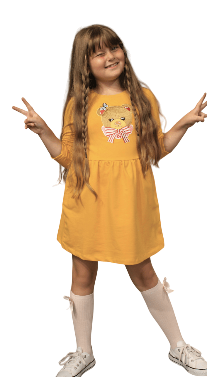 Long Sleeve Girl's Dress with Soft Fur Bear Applique - Dress with Pockets - Wear Sierra