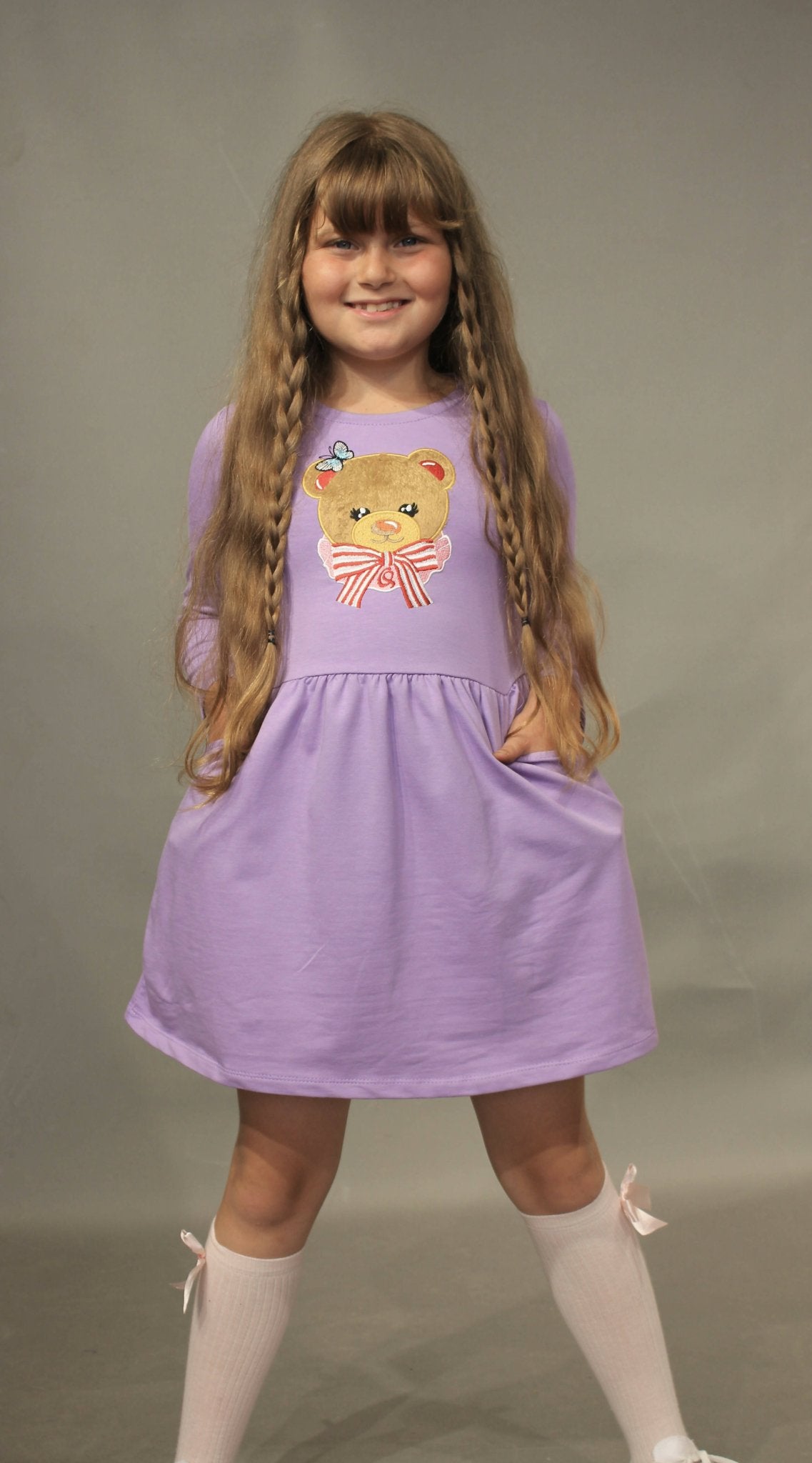 Long Sleeve Girl's Dress with Soft Fur Bear Applique - Dress with Pockets - Wear Sierra