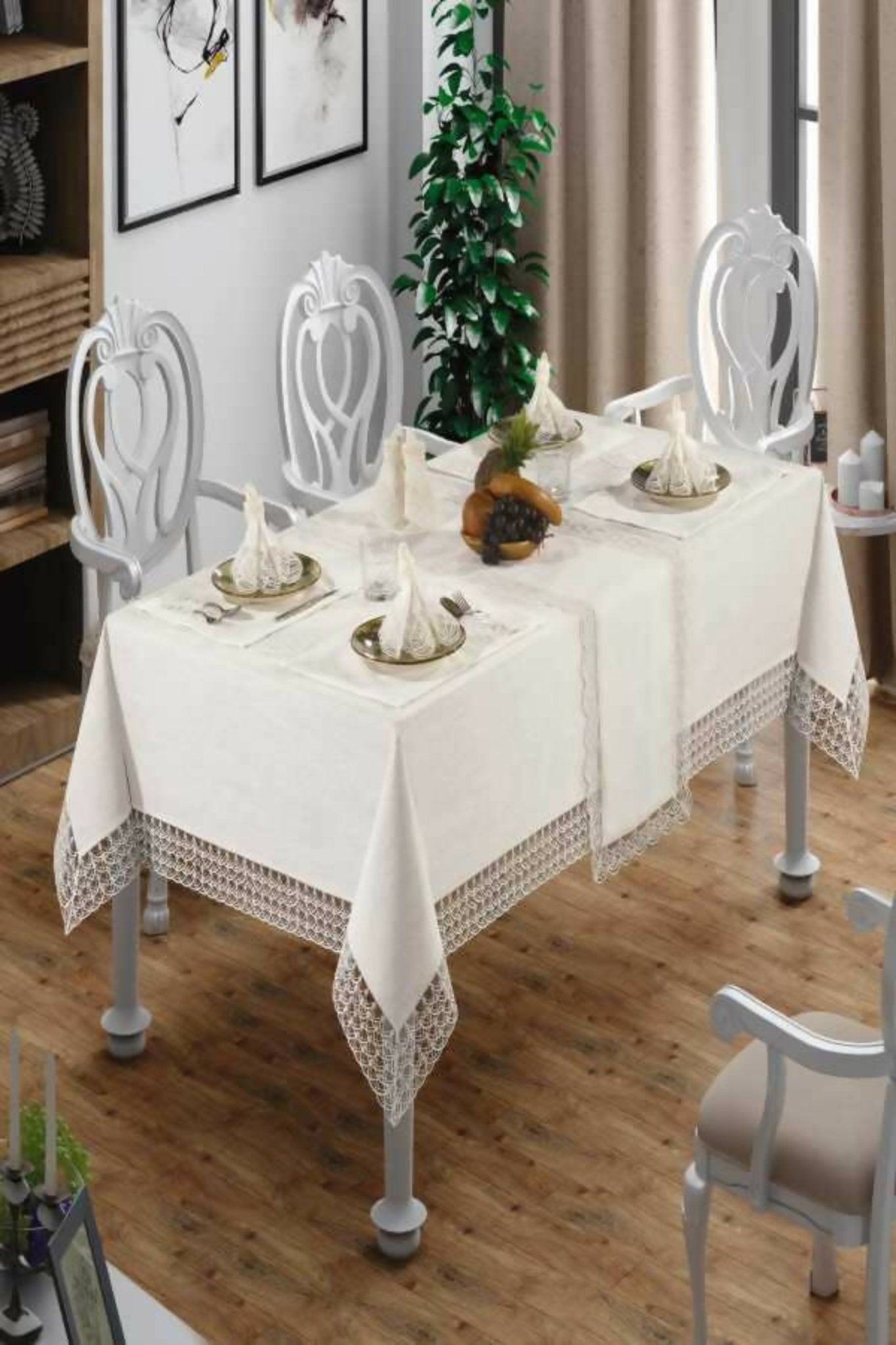 Luxurious Tablecloth Set Linen-Like Material with Faux Pearls and Lace Edging - Wear Sierra