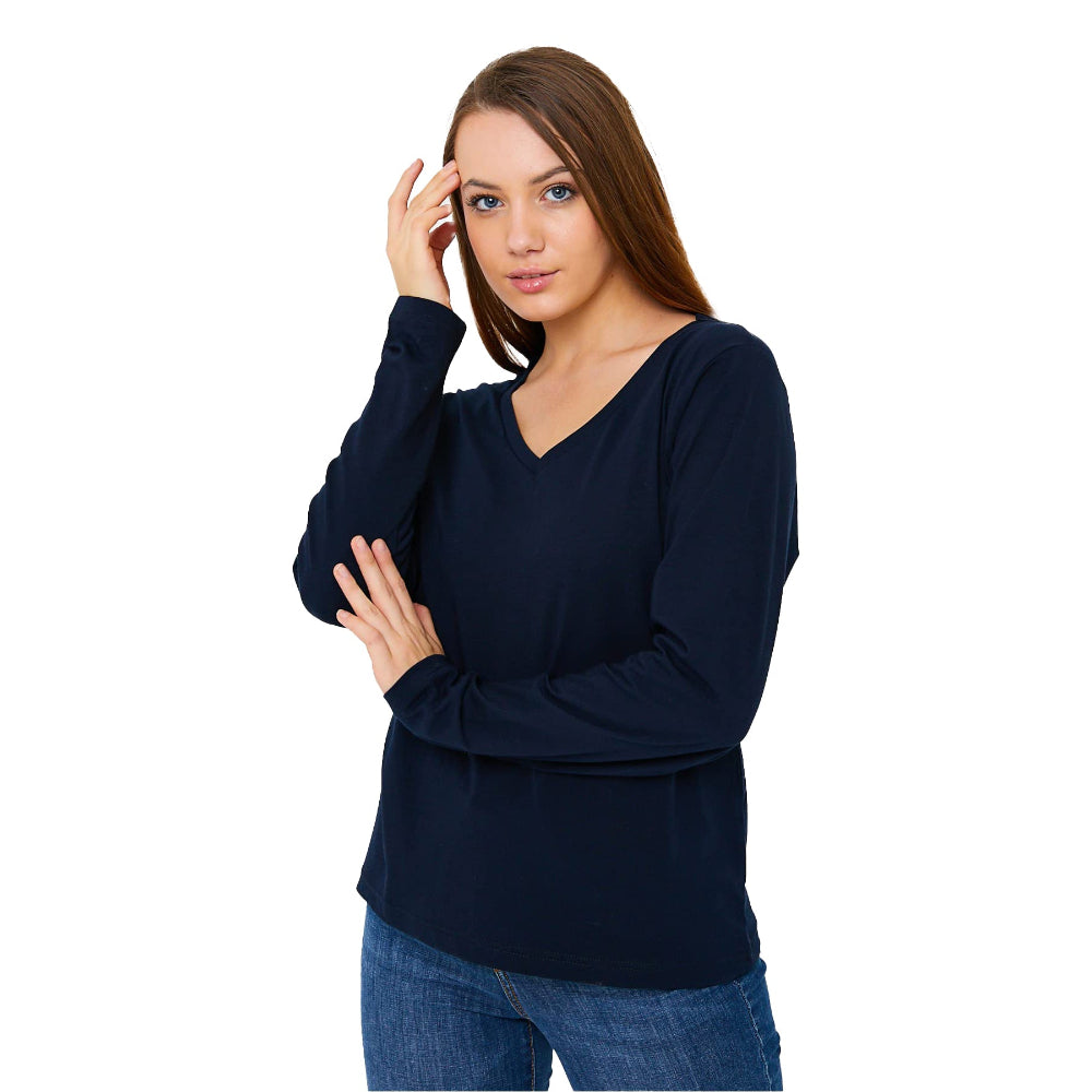 Woman in navy V-neck shirt.