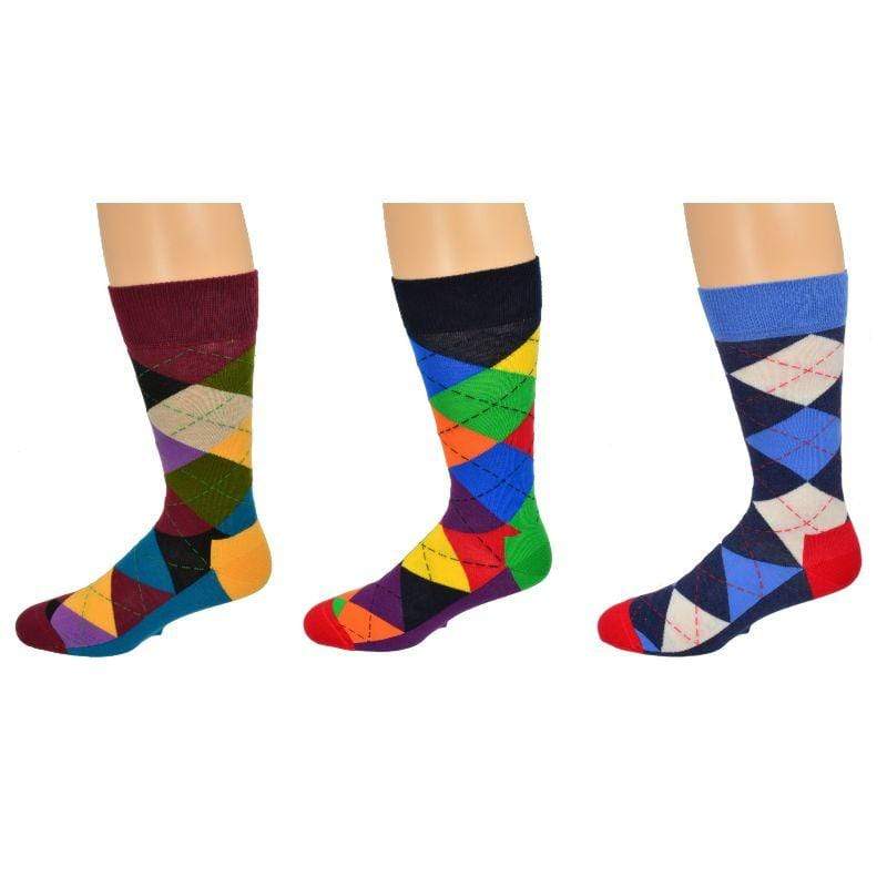 Men's Colorful Crew Socks in Combed Cotton (Argyle 3 Pair Packs) - Wear Sierra