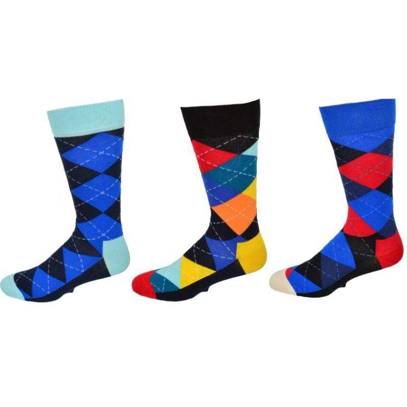 Men's Colorful Crew Socks in Combed Cotton (Argyle 3 Pair Packs) - Wear Sierra