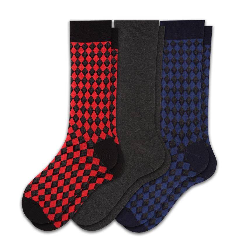 Men's Combed Cotton Crew Socks - Diamond Pattern 3 Pair Packs - Wear Sierra