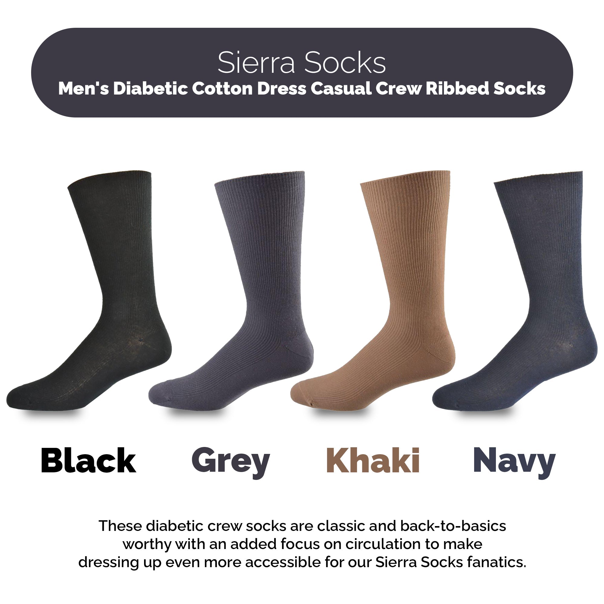 Men's Diabetic Crew Socks in Combed Cotton (3 Pair and 4 Pair Packs) - Wear Sierra