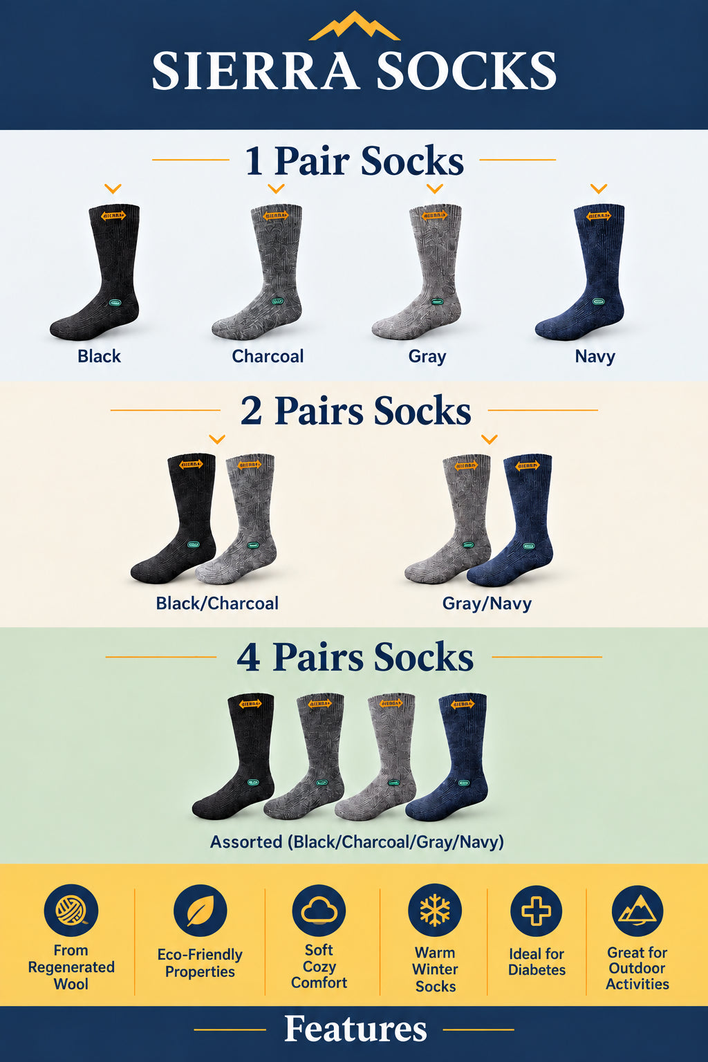 Men's Wool Crew Socks with Extra Wide Calf - Great for Outdoors - Wear Sierra