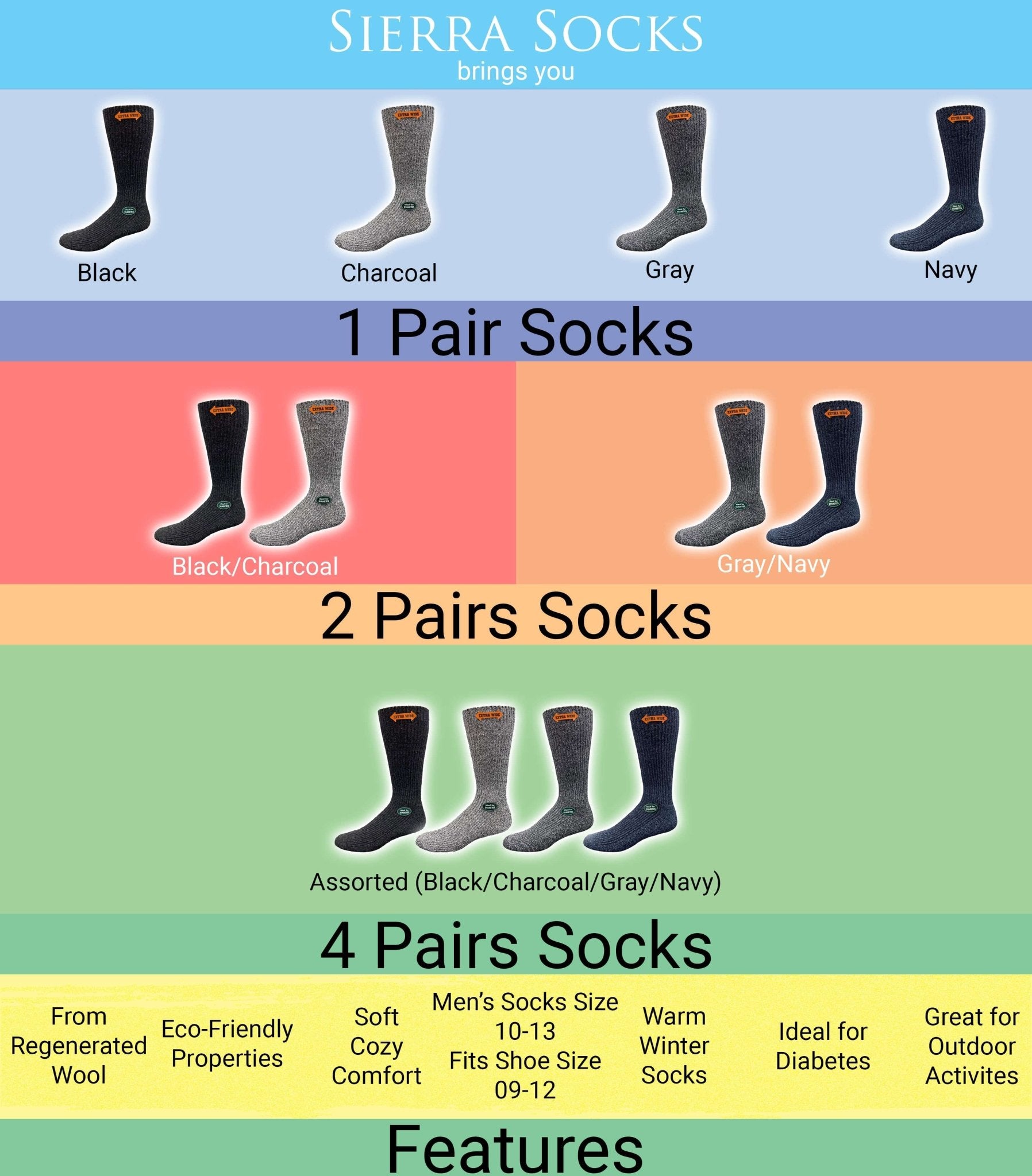 Men's Wool Crew Socks with Extra Wide Calf - Great for Outdoors - Wear Sierra