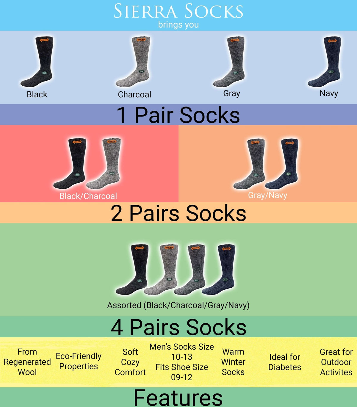 Men's Wool Crew Socks with Extra Wide Calf - Great for Outdoors - Wear Sierra