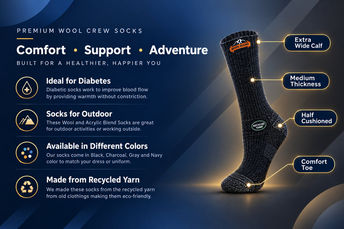 Men's Wool Crew Socks with Extra Wide Calf - Great for Outdoors - Wear Sierra