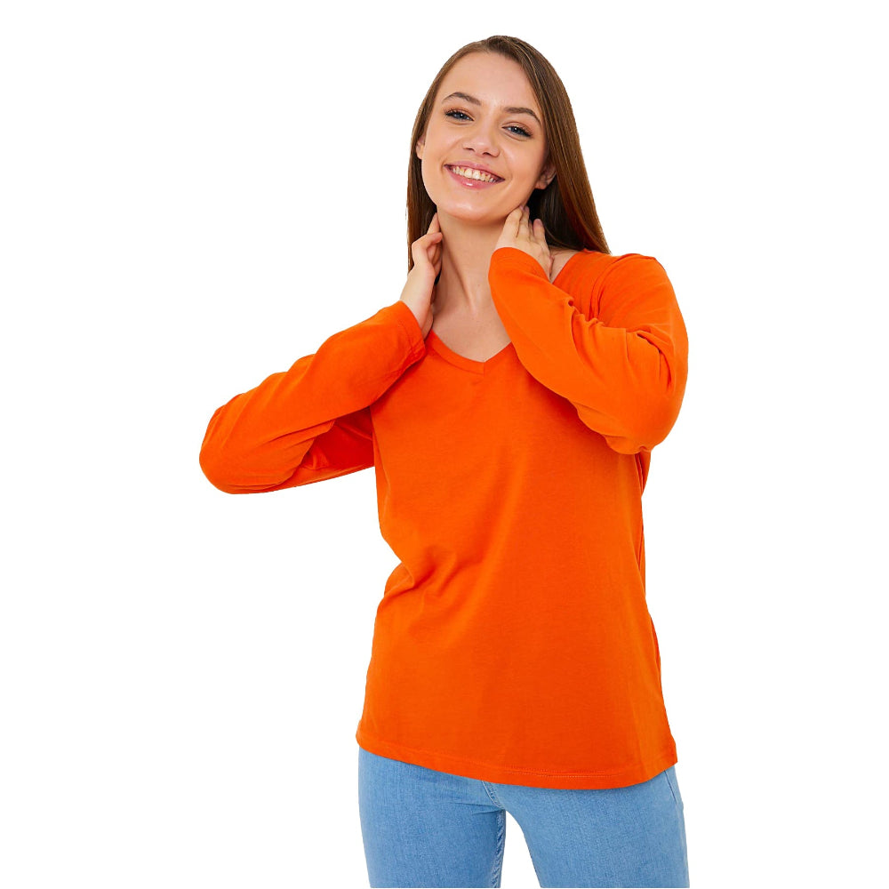 Woman in orange V-neck shirt.