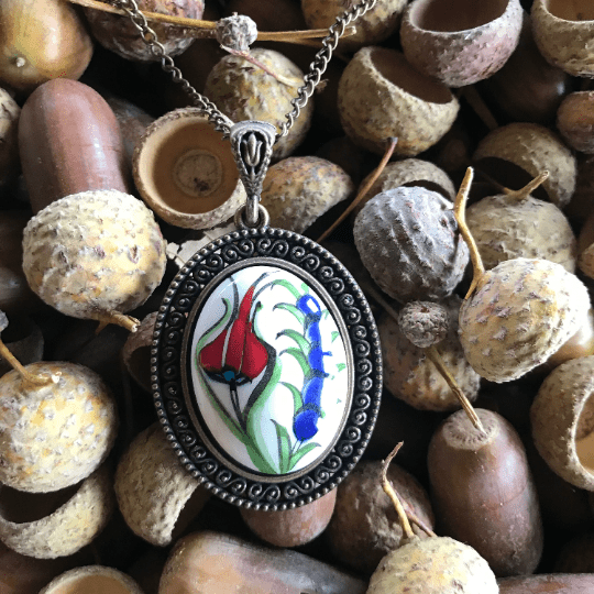 Oval Shaped Pendant Hand Painted Red & Purple Tulip - Wear Sierra