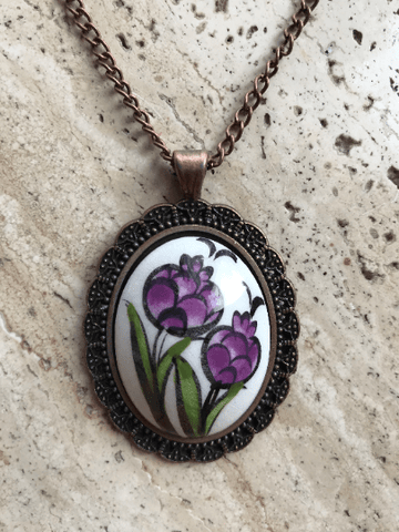 Oval Shaped Pendant Hand Painted Red & Purple Tulip - Wear Sierra