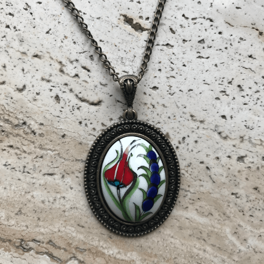 Oval Shaped Pendant Hand Painted Red & Purple Tulip - Wear Sierra