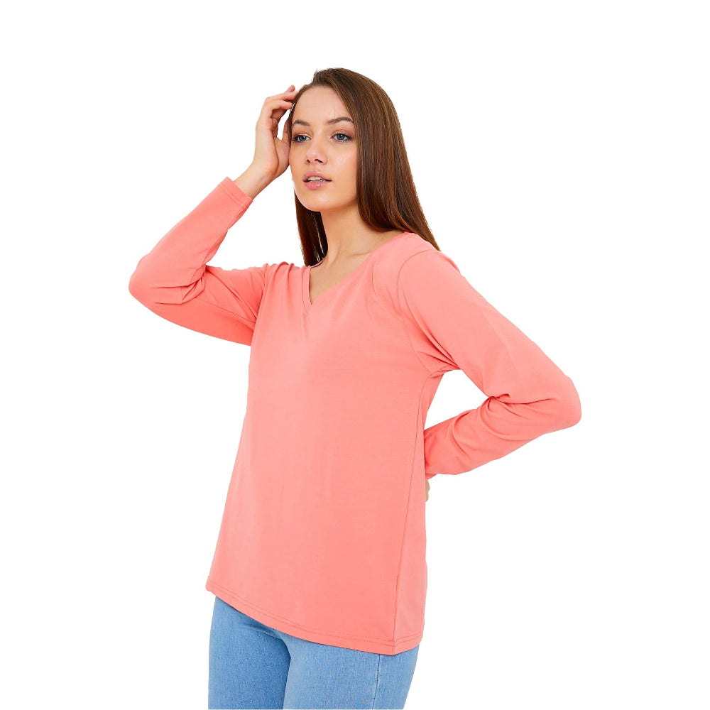 Woman in peach V-neck top.