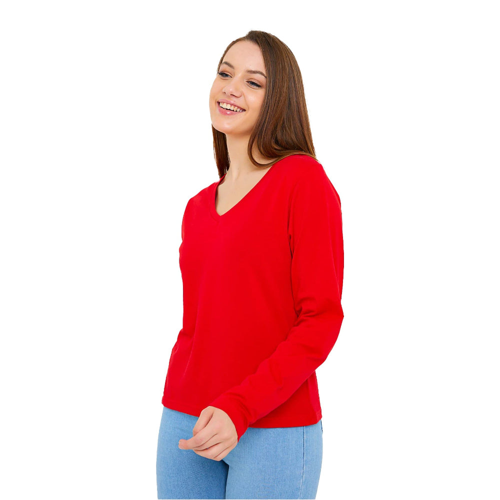 Woman in red V-neck shirt.