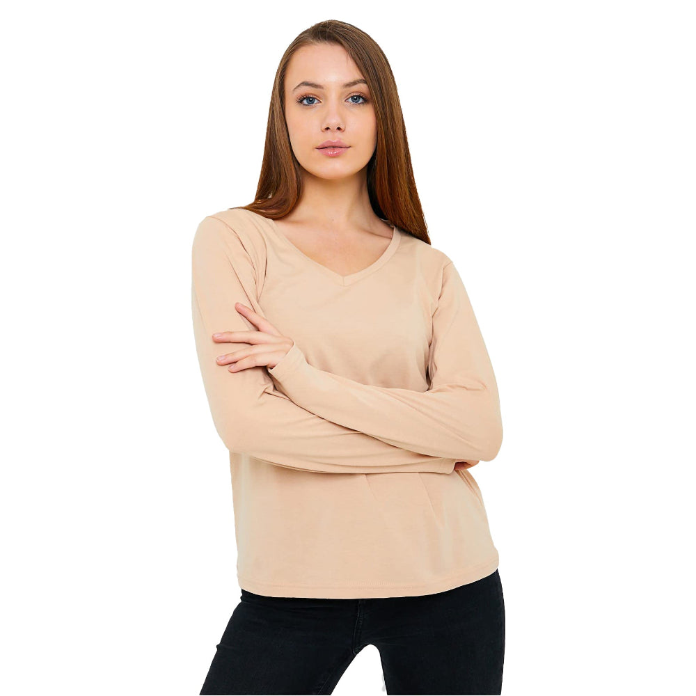 Woman in beige V-neck shirt.