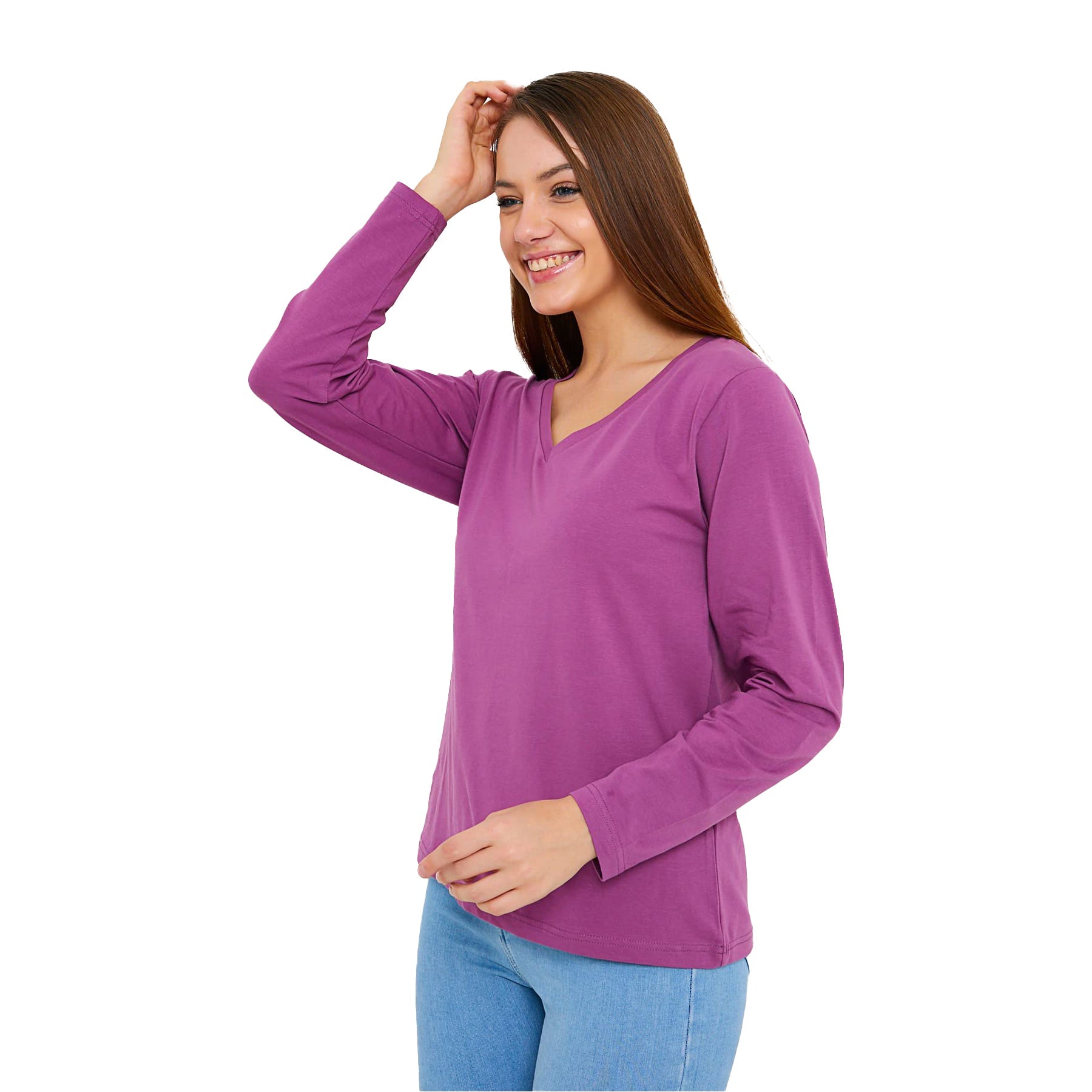 Woman in purple V-neck shirt