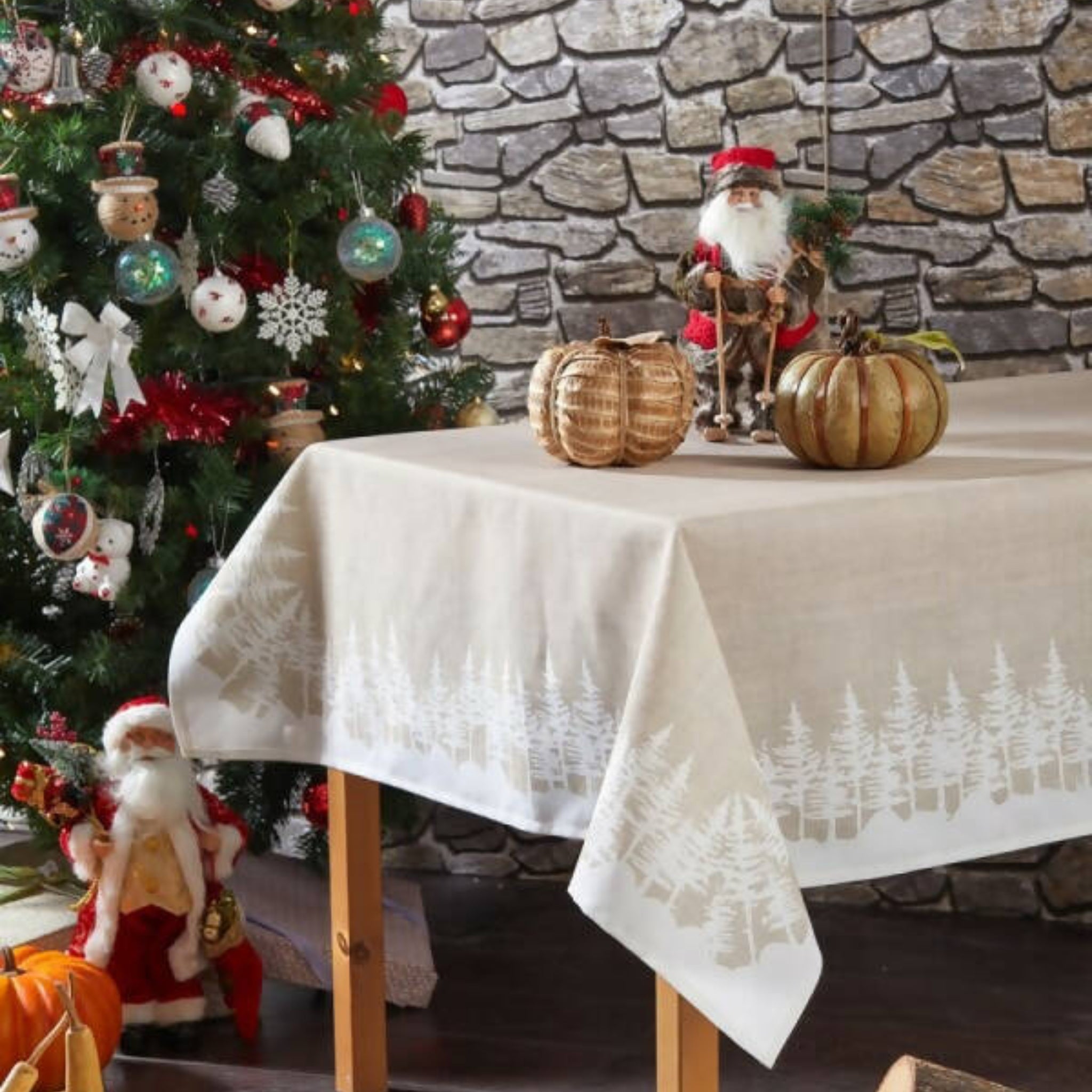 Snowy Pine Tree Forest Table Cloth, Holiday, Neutral Decorating, 86"L x 55"W - Wear Sierra