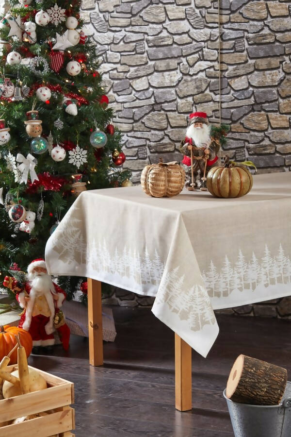 Snowy Pine Tree Forest Table Cloth, Holiday, Neutral Decorating, 86"L x 55"W - Wear Sierra