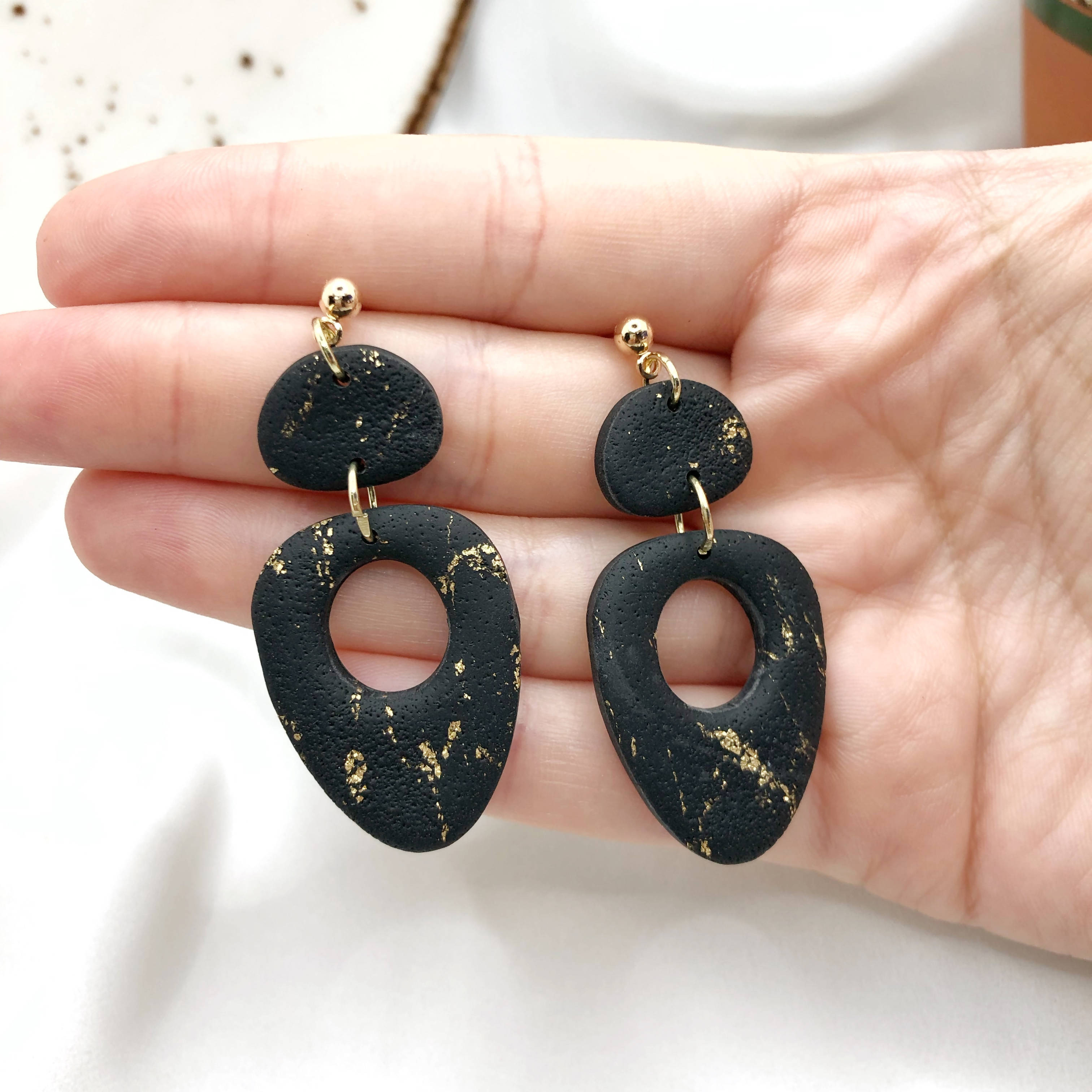 Black with Gold Handmade Polymer Clay Earrings - Anti Allergic Earbacks - Wear Sierra