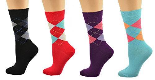 Women's Combed Cotton Crew Socks, Colorful Argyle Design, Choose 1 Pair Pack or 4 Pair Packs - Wear Sierra