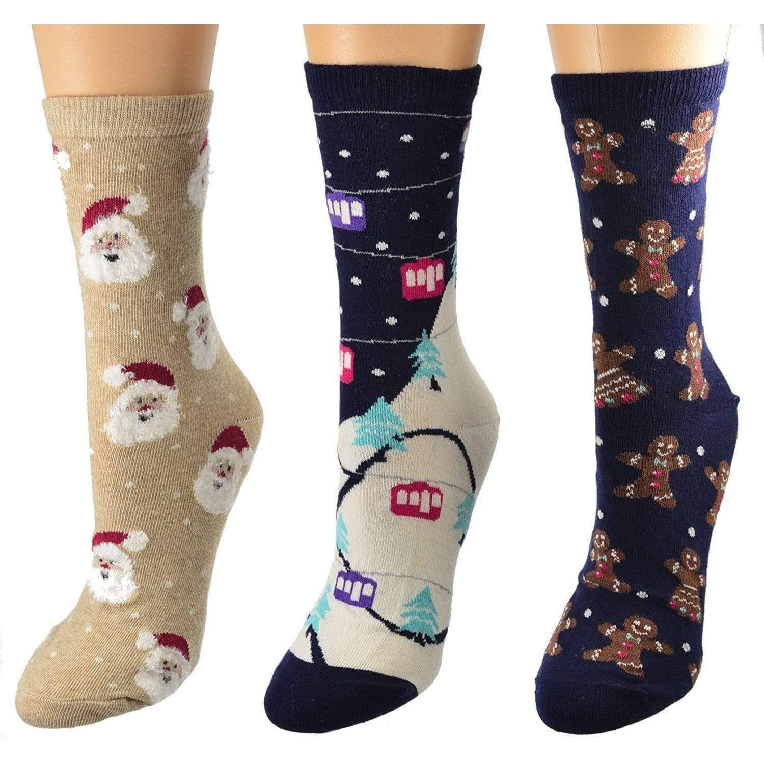 Women's Cotton Crew Socks, Santa, Gingerbread Man and Christmas Tree Christmas Socks, in 3 Pair Packs - Wear Sierra