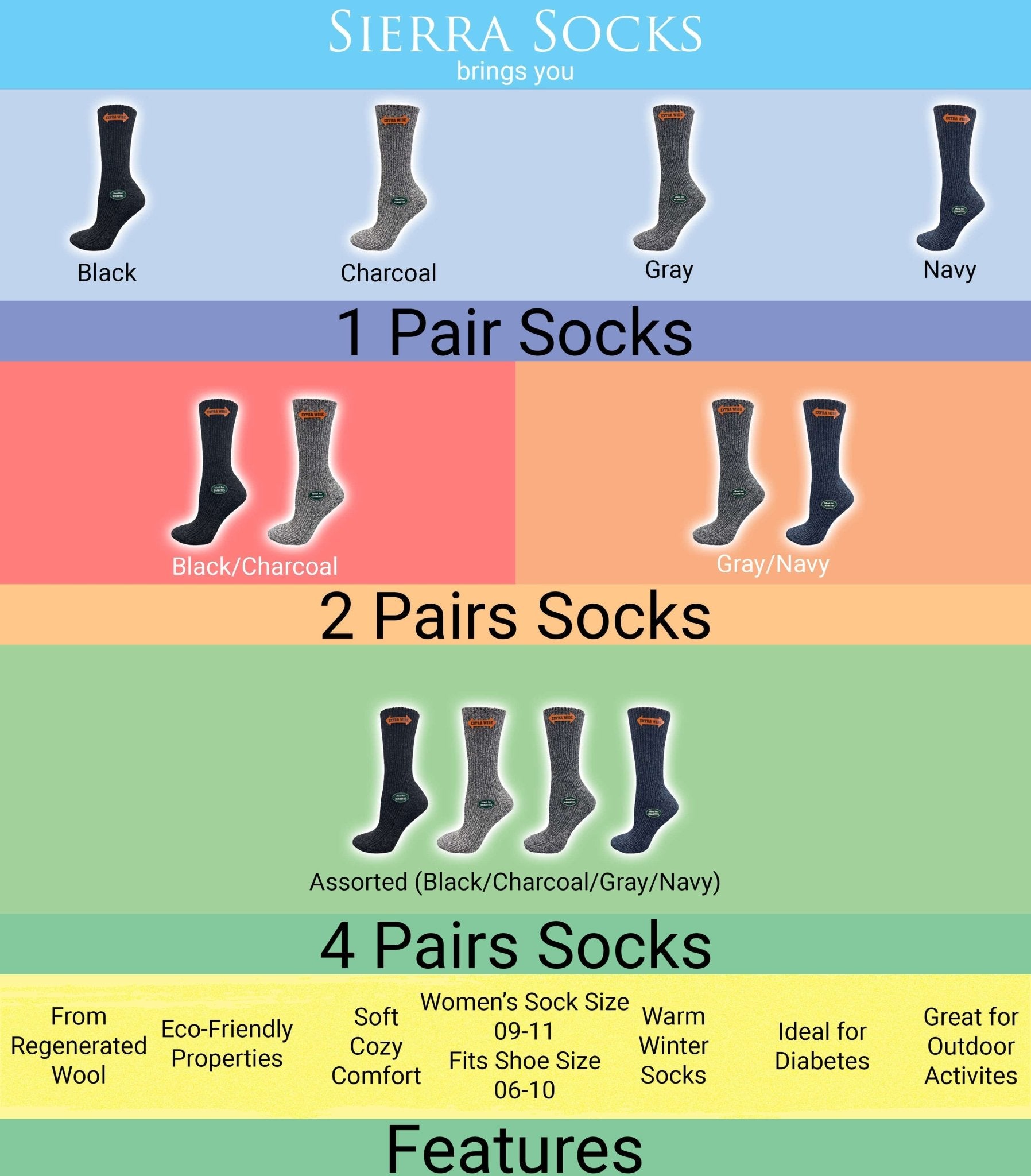 Women’s Diabetic Crew Socks with Extra Wide Calf - Regenerated Wool Ecofriendly Footwear - Wear Sierra