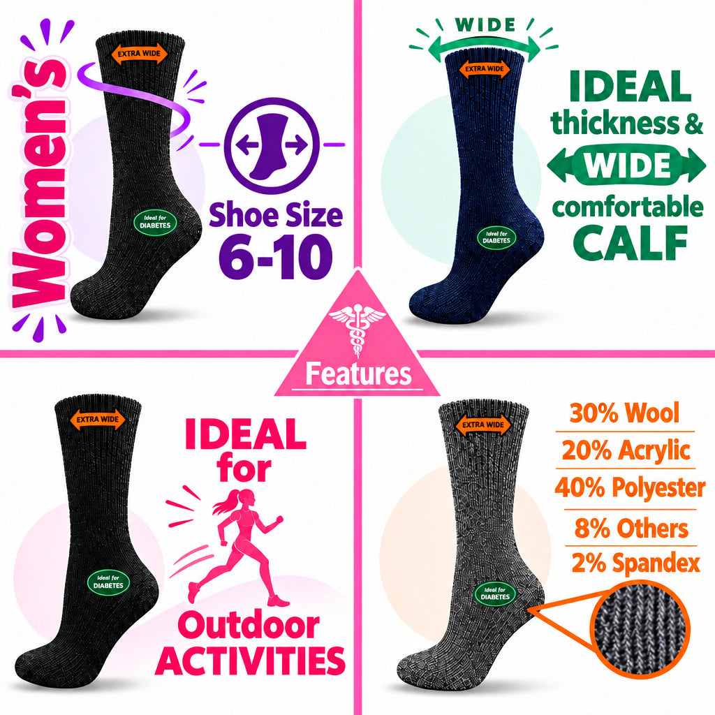 Women’s Diabetic Crew Socks with Extra Wide Calf - Regenerated Wool Ecofriendly Footwear - Wear Sierra