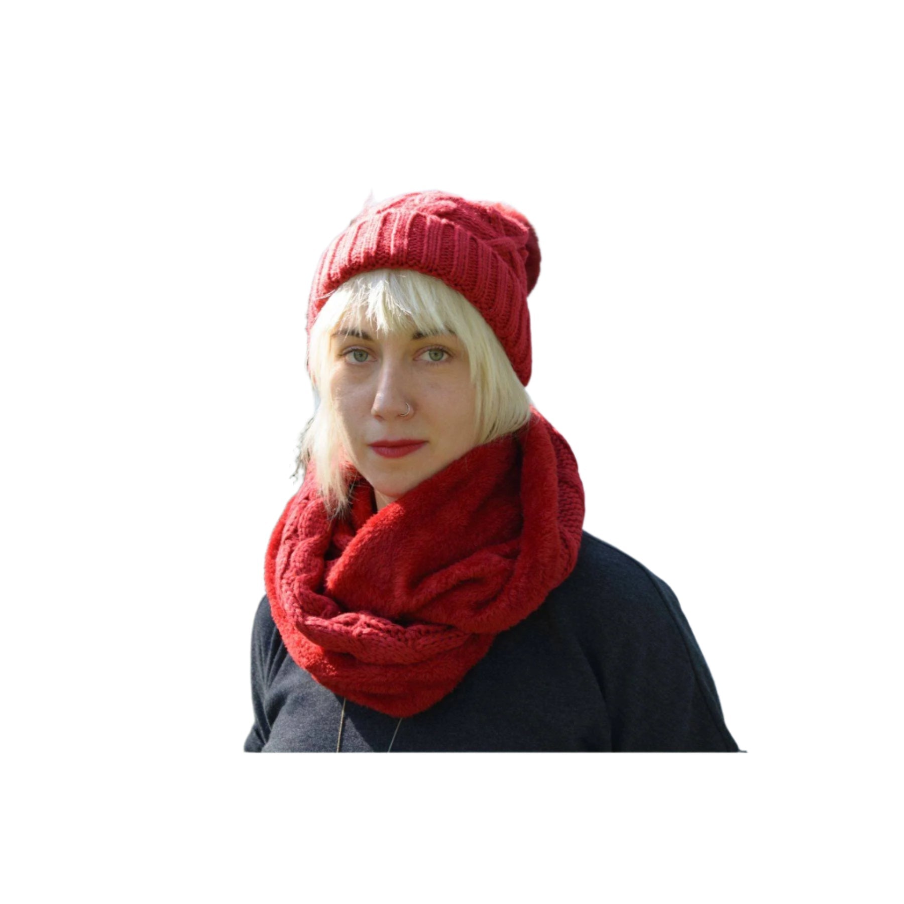 Women's Fuzzy Fur Lined Beanie Pompom Hat and Infinity Scarf Set - Wear Sierra