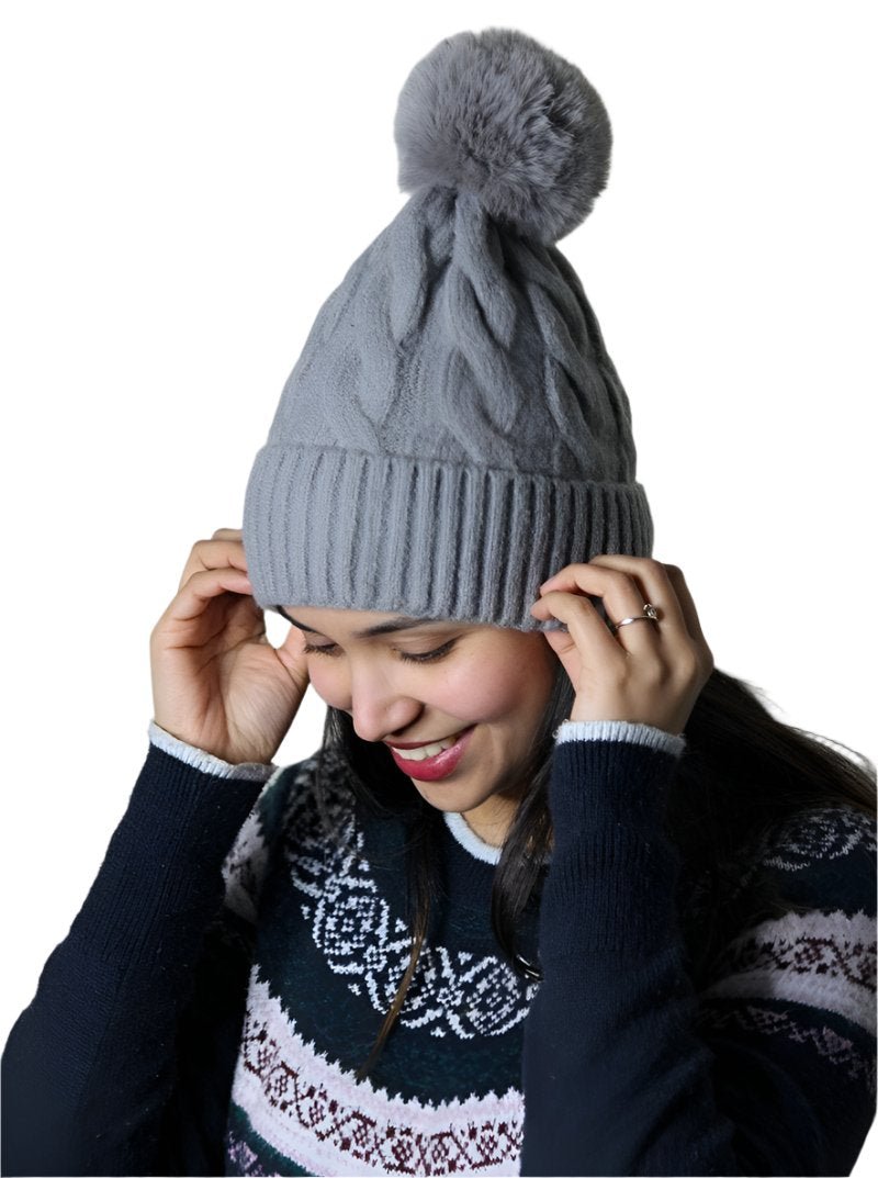 Women's & Girls' Furry Lined Hats With Pompom Beanie Cable Design - Wear Sierra