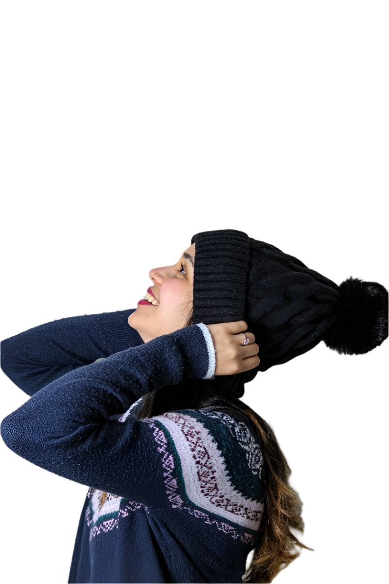 Women's & Girls' Furry Lined Hats With Pompom Beanie Cable Design - Wear Sierra
