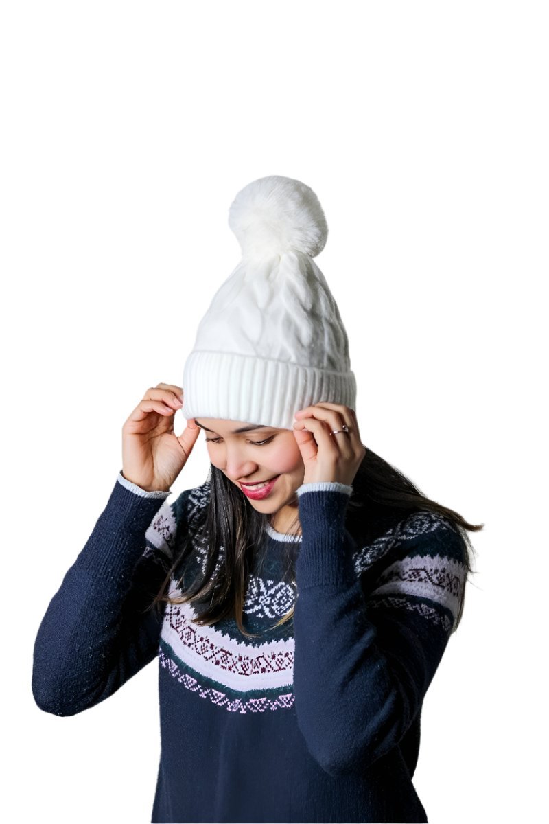 Women's & Girls' Furry Lined Hats With Pompom Beanie Cable Design - Wear Sierra