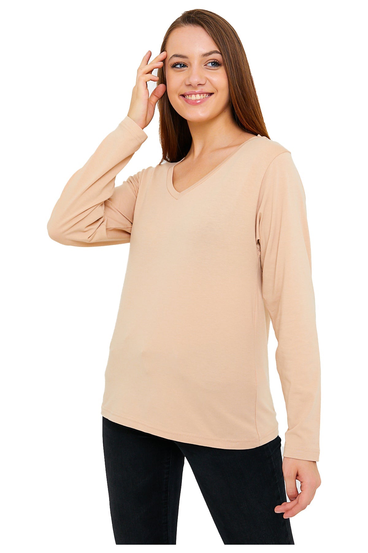 Women's Long Sleeve V-Neck Shirts - in All Natural, Colorful Pima Cotton, Turkish Cotton Long-Sleeve Shirts - Great for Layering under Sweaters and Scrubs - Wear Sierra