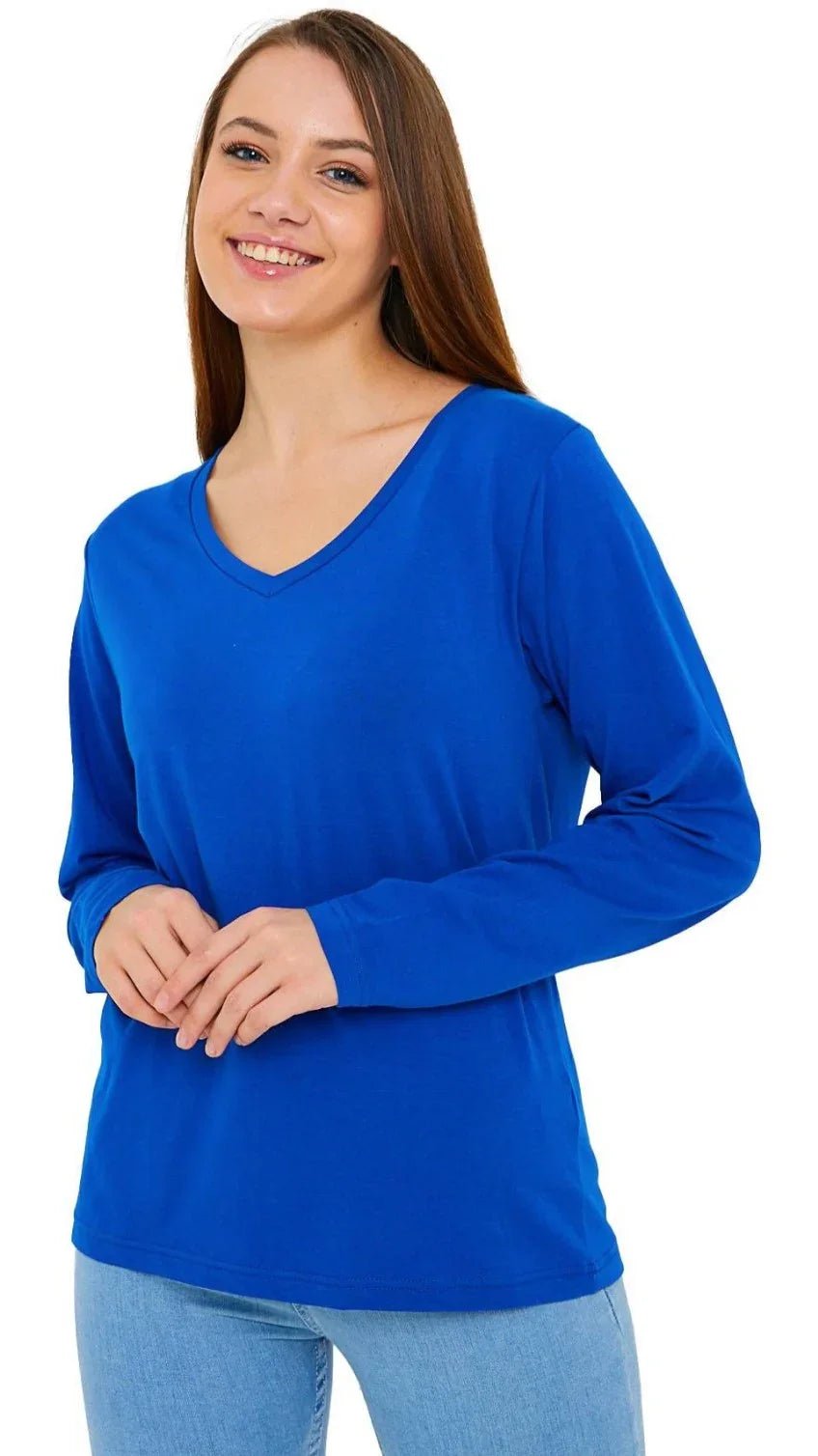 Women's Long Sleeve V-Neck Shirts - in All Natural, Colorful Pima Cotton, Turkish Cotton Long-Sleeve Shirts - Great for Layering under Sweaters and Scrubs - Wear Sierra