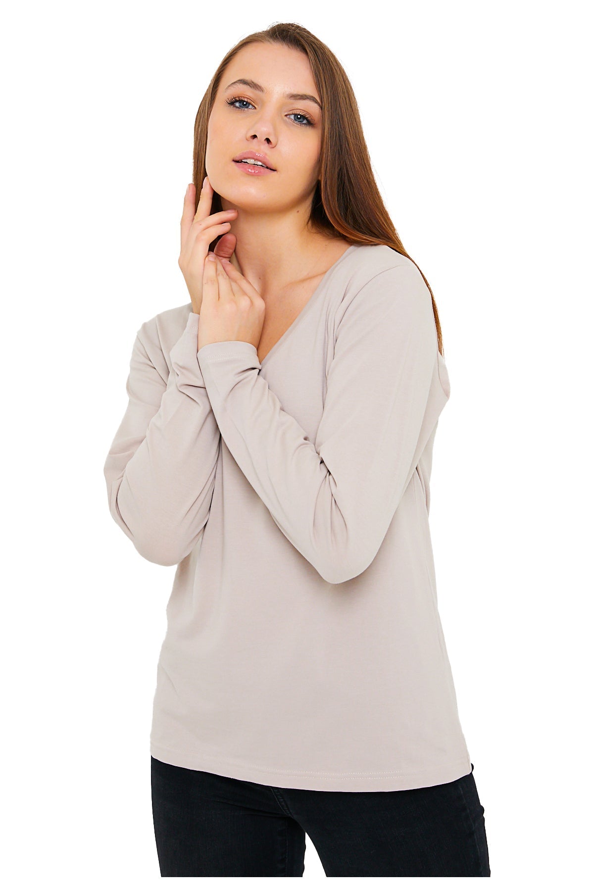 Women's Long Sleeve V-Neck Shirts - in All Natural, Colorful Pima Cotton, Turkish Cotton Long-Sleeve Shirts - Great for Layering under Sweaters and Scrubs - Wear Sierra