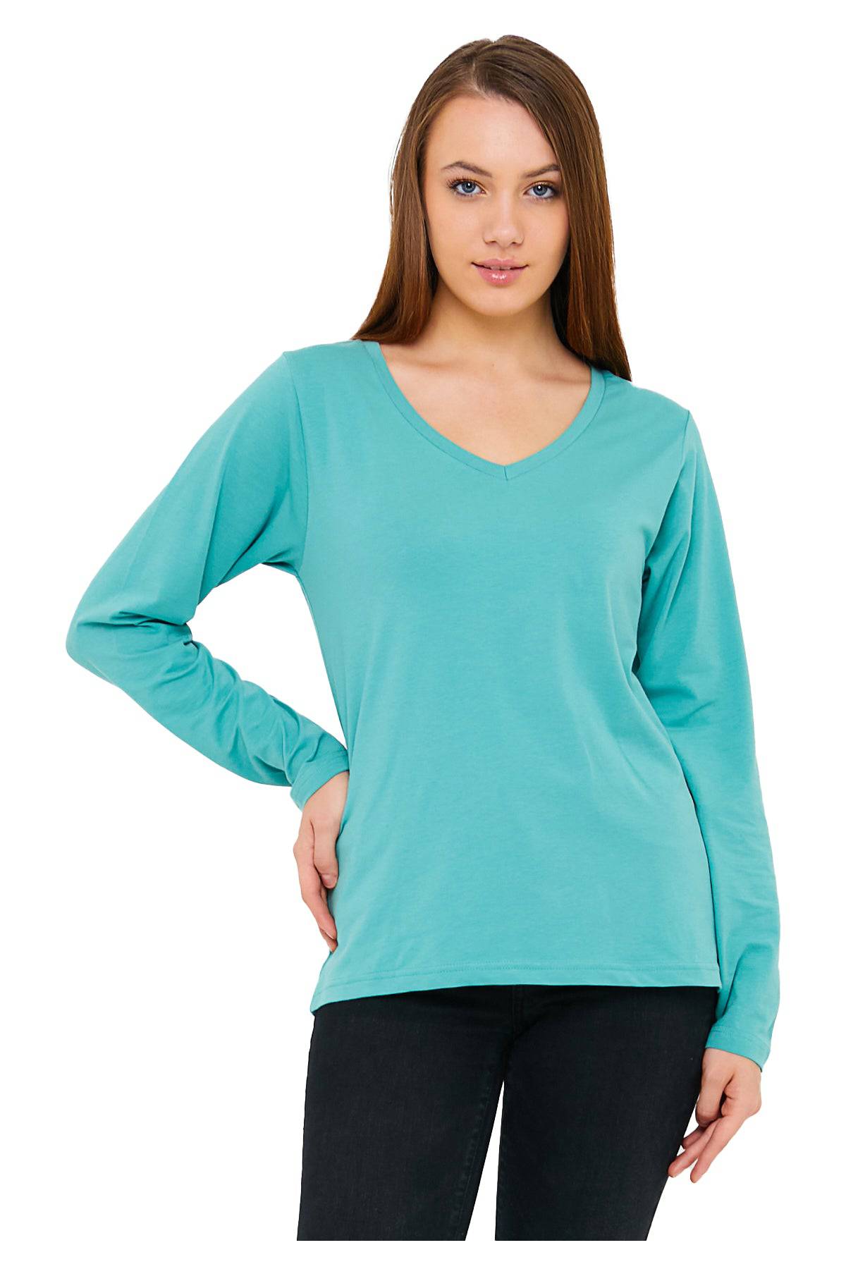 Women's Long Sleeve V-Neck Shirts - in All Natural, Colorful Pima Cotton, Turkish Cotton Long-Sleeve Shirts - Great for Layering under Sweaters and Scrubs - Wear Sierra
