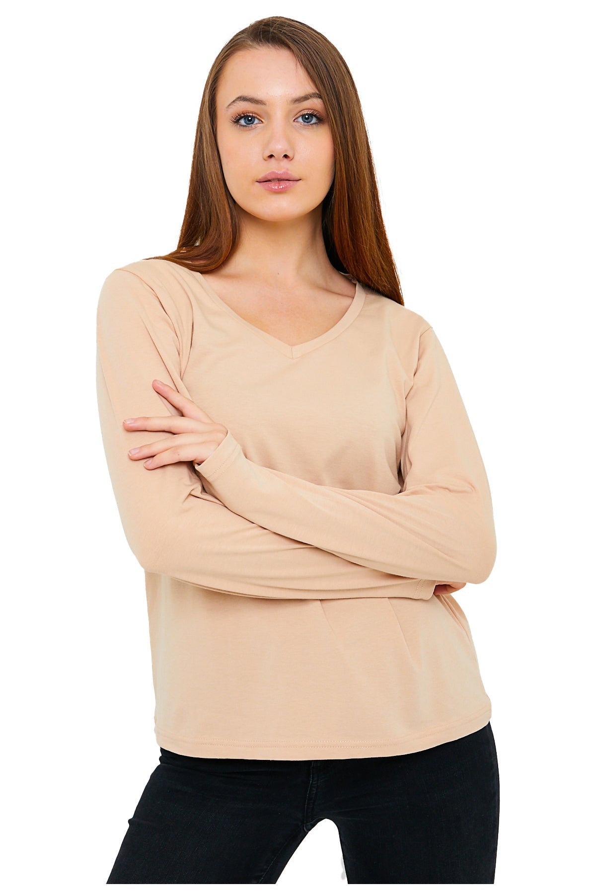 Women's Long Sleeve V-Neck Shirts - in All Natural, Colorful Pima Cotton, Turkish Cotton Long-Sleeve Shirts - Great for Layering under Sweaters and Scrubs - Wear Sierra