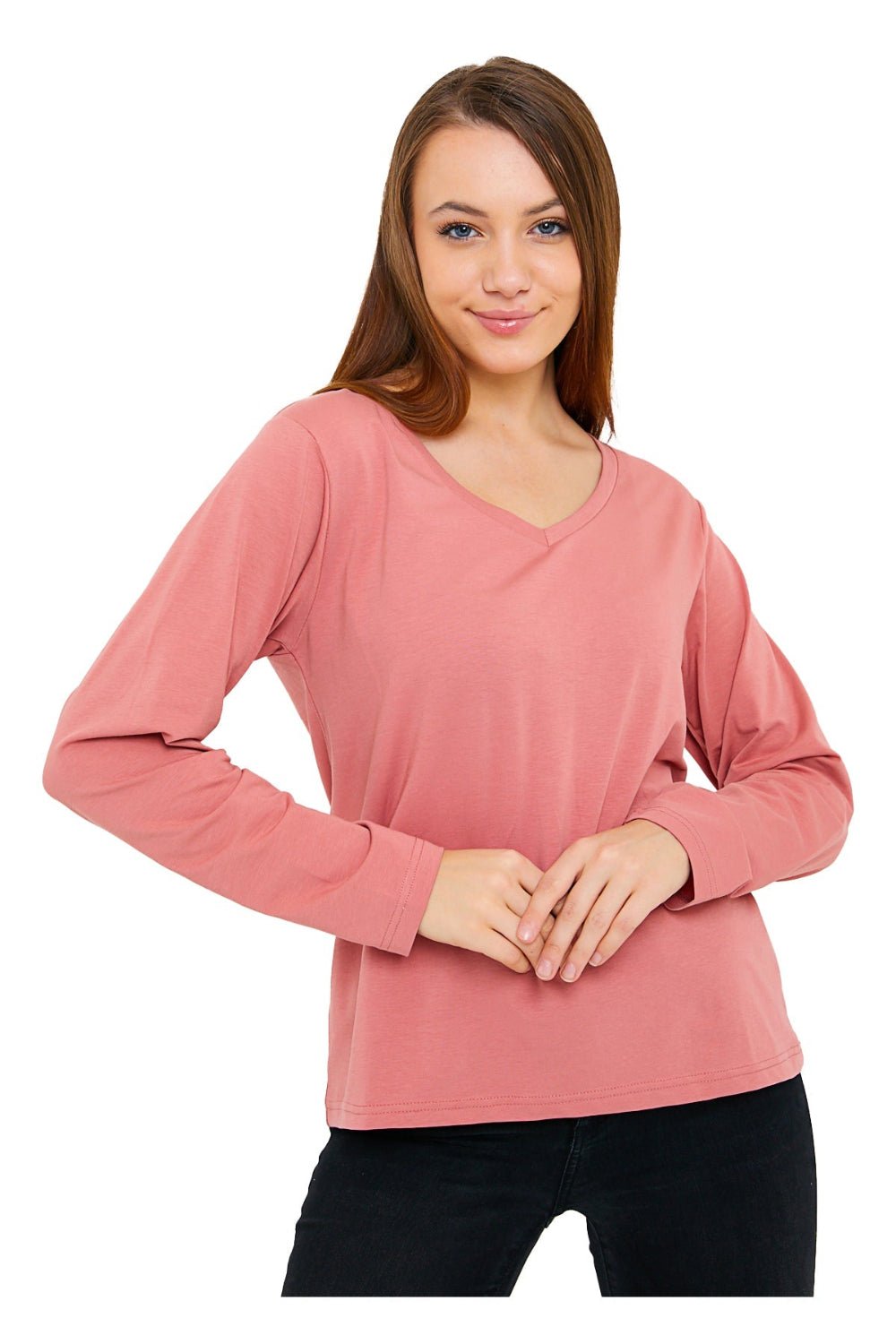 Women's Long Sleeve V-Neck Shirts - in All Natural, Colorful Pima Cotton, Turkish Cotton Long-Sleeve Shirts - Great for Layering under Sweaters and Scrubs - Wear Sierra