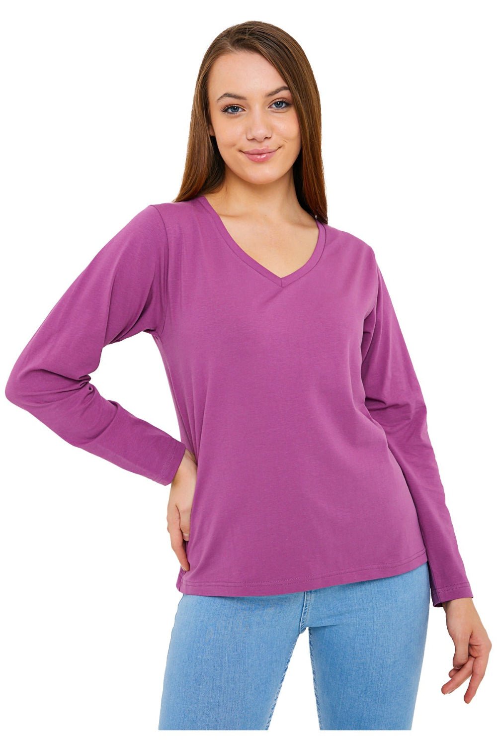 Women's Long Sleeve V-Neck Shirts - in All Natural, Colorful Pima Cotton, Turkish Cotton Long-Sleeve Shirts - Great for Layering under Sweaters and Scrubs - Wear Sierra