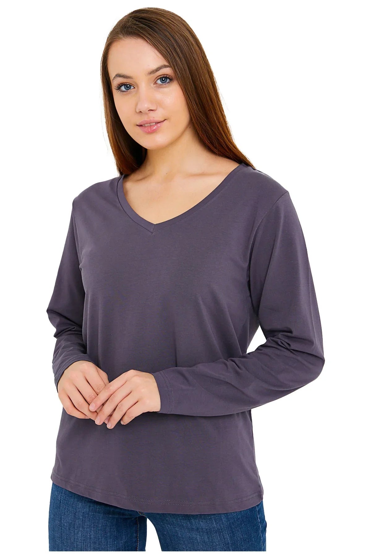 Women's Long Sleeve V-Neck Shirts - in All Natural, Colorful Pima Cotton, Turkish Cotton Long-Sleeve Shirts - Great for Layering under Sweaters and Scrubs - Wear Sierra