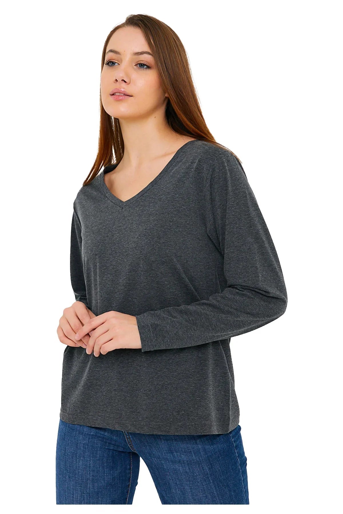 Women's Long Sleeve V-Neck Shirts - in All Natural, Colorful Pima Cotton, Turkish Cotton Long-Sleeve Shirts - Great for Layering under Sweaters and Scrubs - Wear Sierra