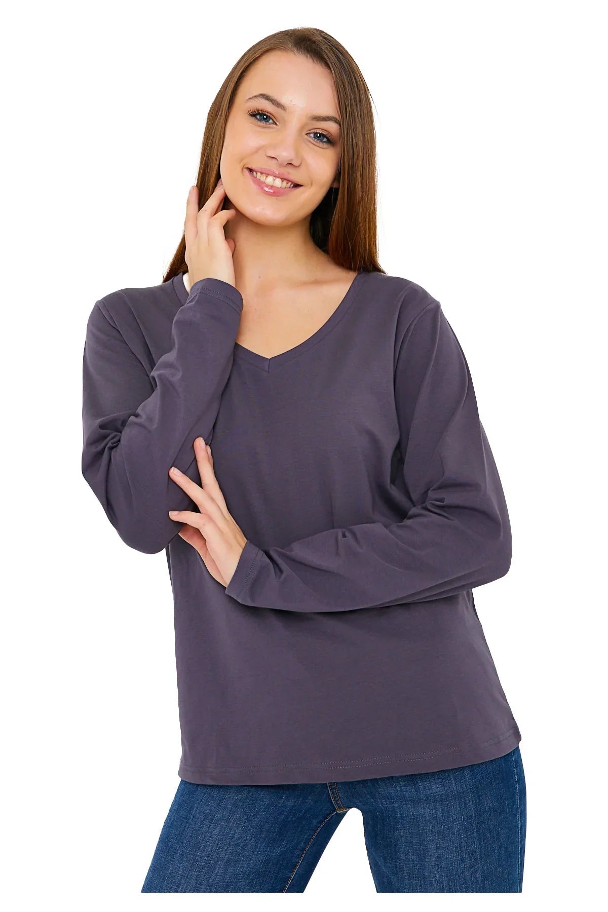 Women's Long Sleeve V-Neck Shirts - in All Natural, Colorful Pima Cotton, Turkish Cotton Long-Sleeve Shirts - Great for Layering under Sweaters and Scrubs - Wear Sierra