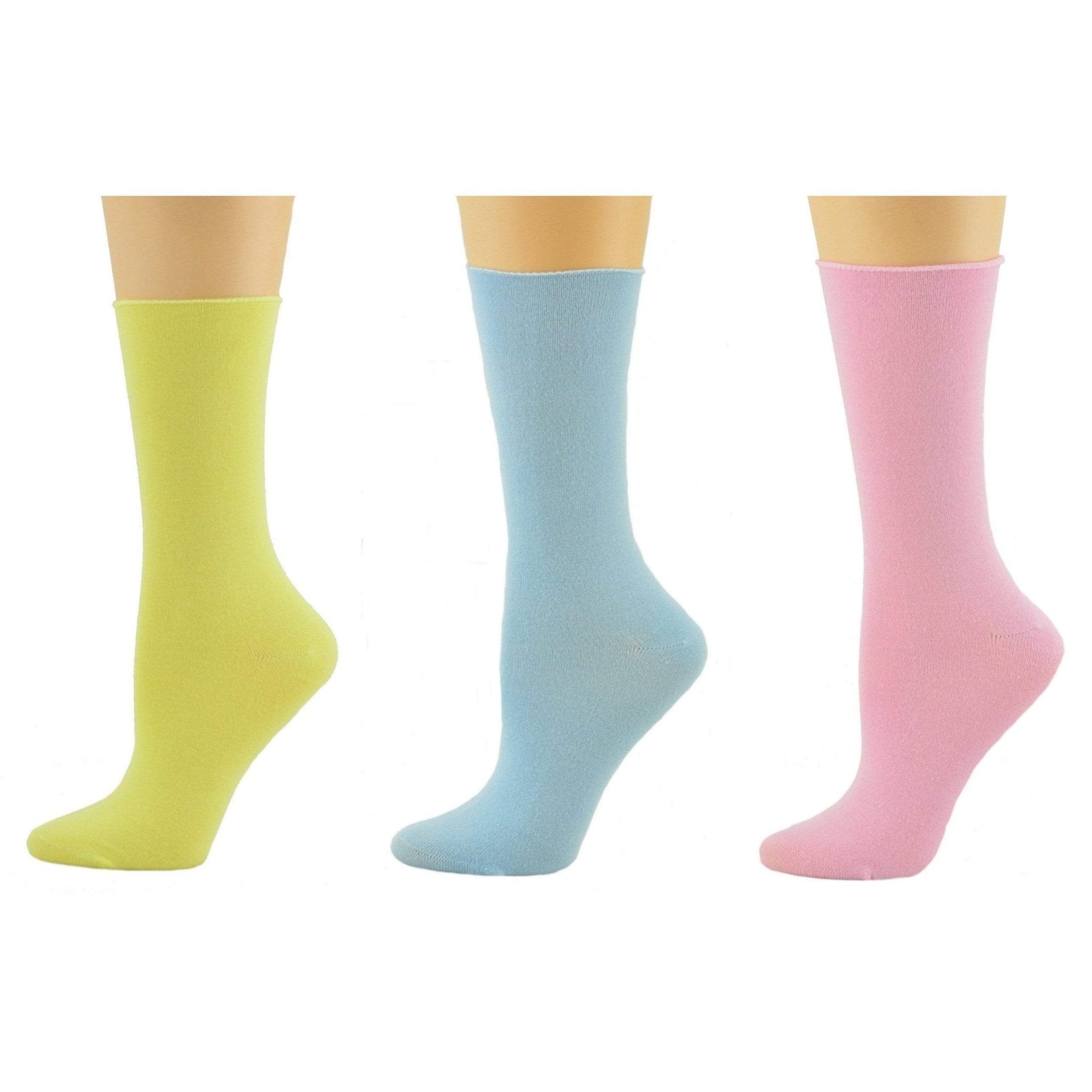 Women's Rayon Socks - Roll Top Colorful Crew - with Wide Calf - 3 Pair Packs - Wear Sierra