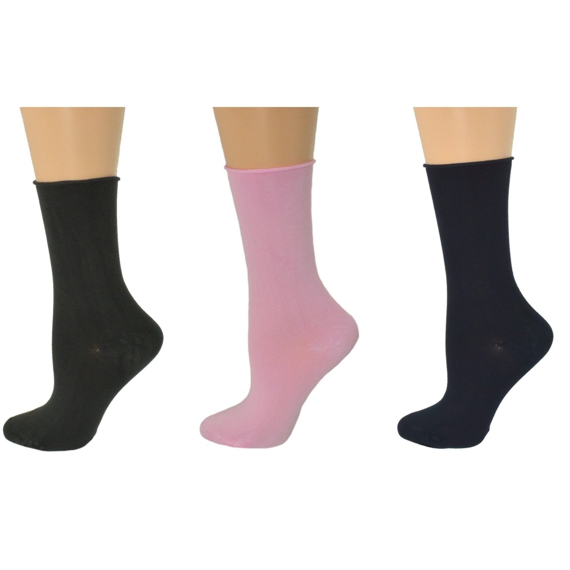 Women's Rayon Socks - Roll Top Colorful Crew - with Wide Calf - 3 Pair Packs - Wear Sierra