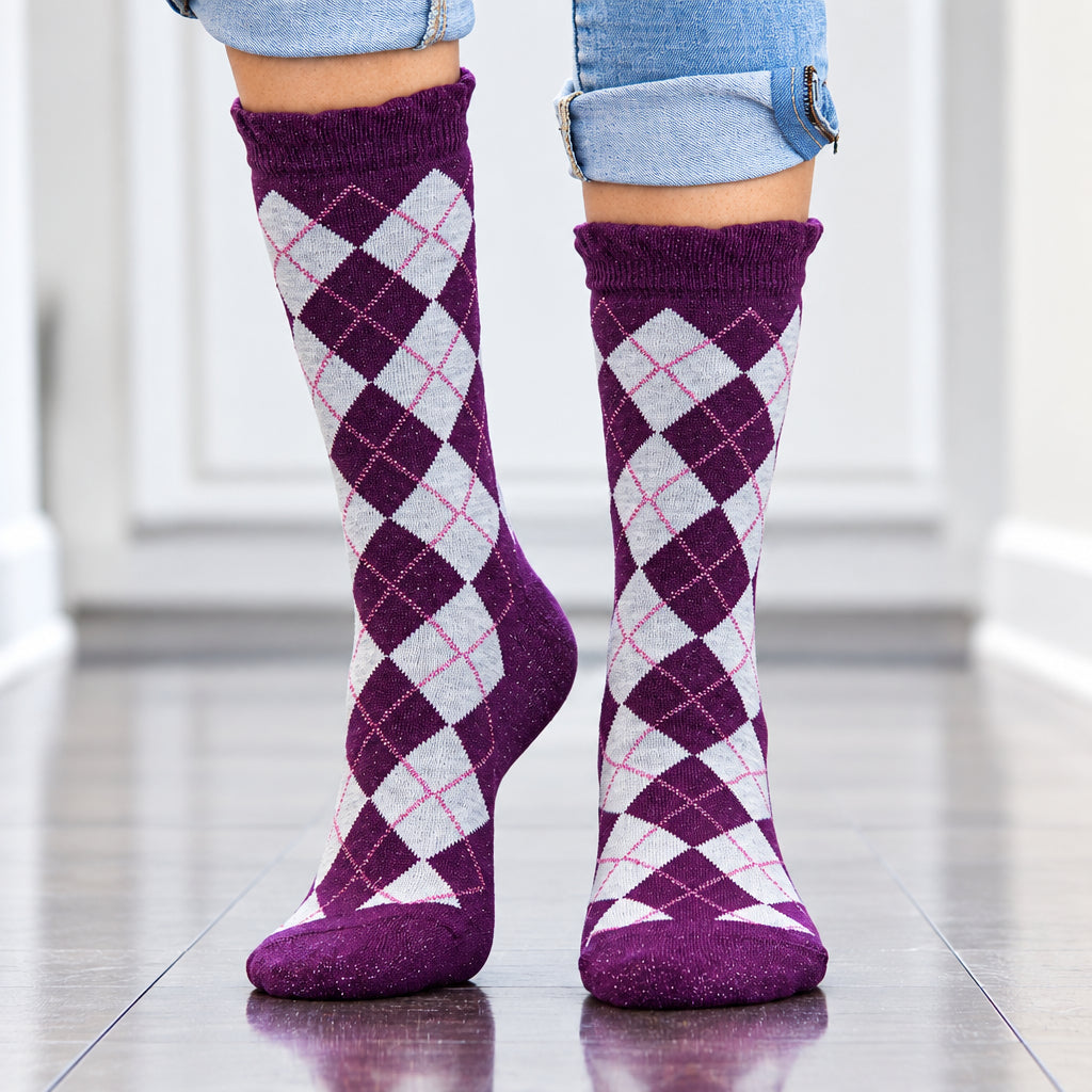 Women's Sparkly Cotton Argyle Crew Socks 2 - Pair Packs - Wear Sierra