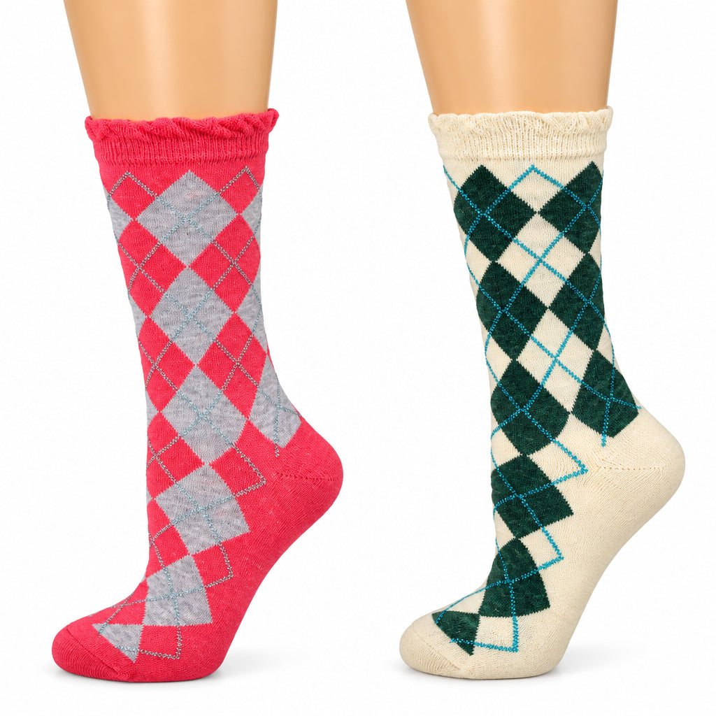 Women's Sparkly Cotton Argyle Crew Socks 2 - Pair Packs - Wear Sierra
